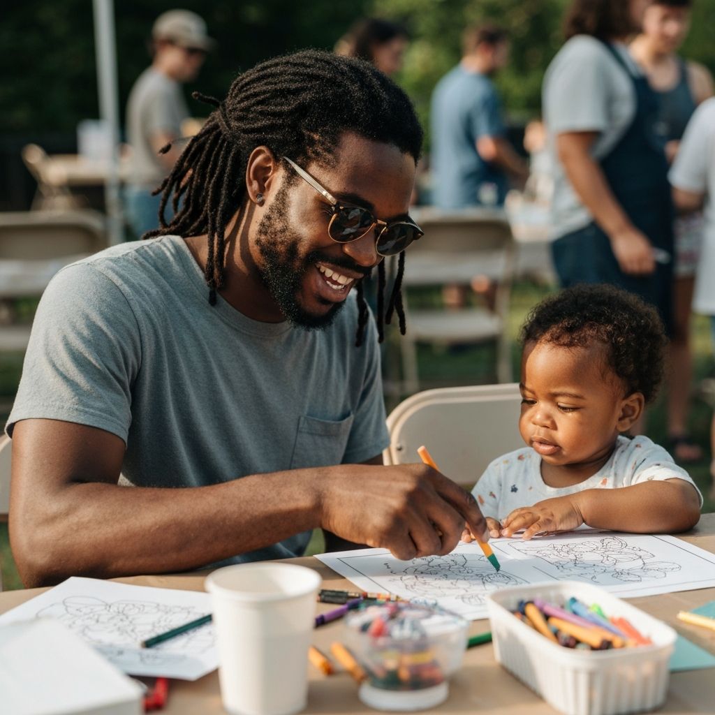 Father with dreadlocks and sunglasses doing an art activity with his toddler at a community event